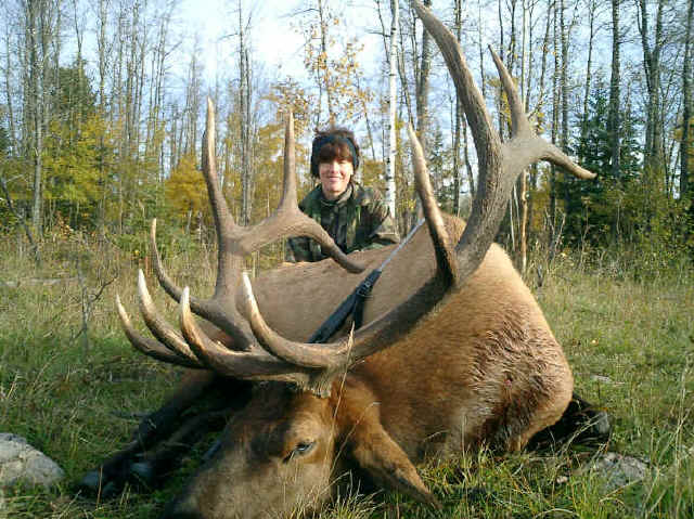 Lori Clement from Michigan with trophy elk at Echo Lake Hunts in Saskatchewan