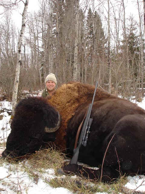 Jason Christensen from Utah with trophy bison at Echo Lake Hunts in Saskatchewan