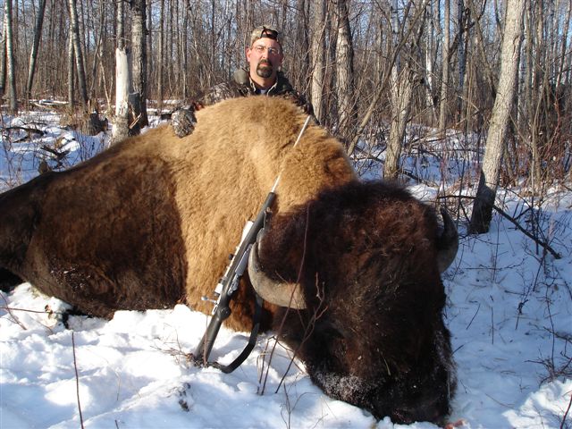 Rod Lovett from Texas with trophy bison at Echo Lake Hunts in Saskatchewan
