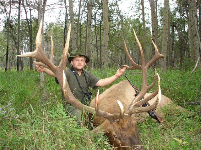 Josef Langmajor from Czech Republic with trophy bull elk at Echo Lake Hunts in Saskatchewan