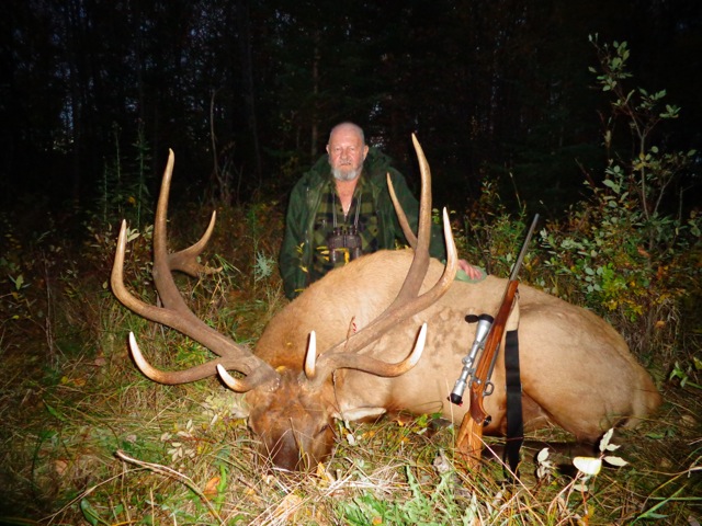 Ken Pointon from Australia with trophy bull elk at Echo Lake Hunts in Saskatchewan