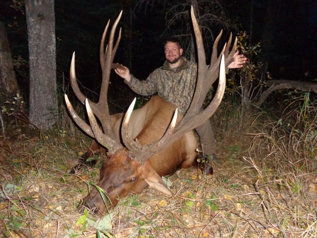 Jim Borel from Louisiana with trophy bull elk at Echo Lake Hunts in Saskatchewan