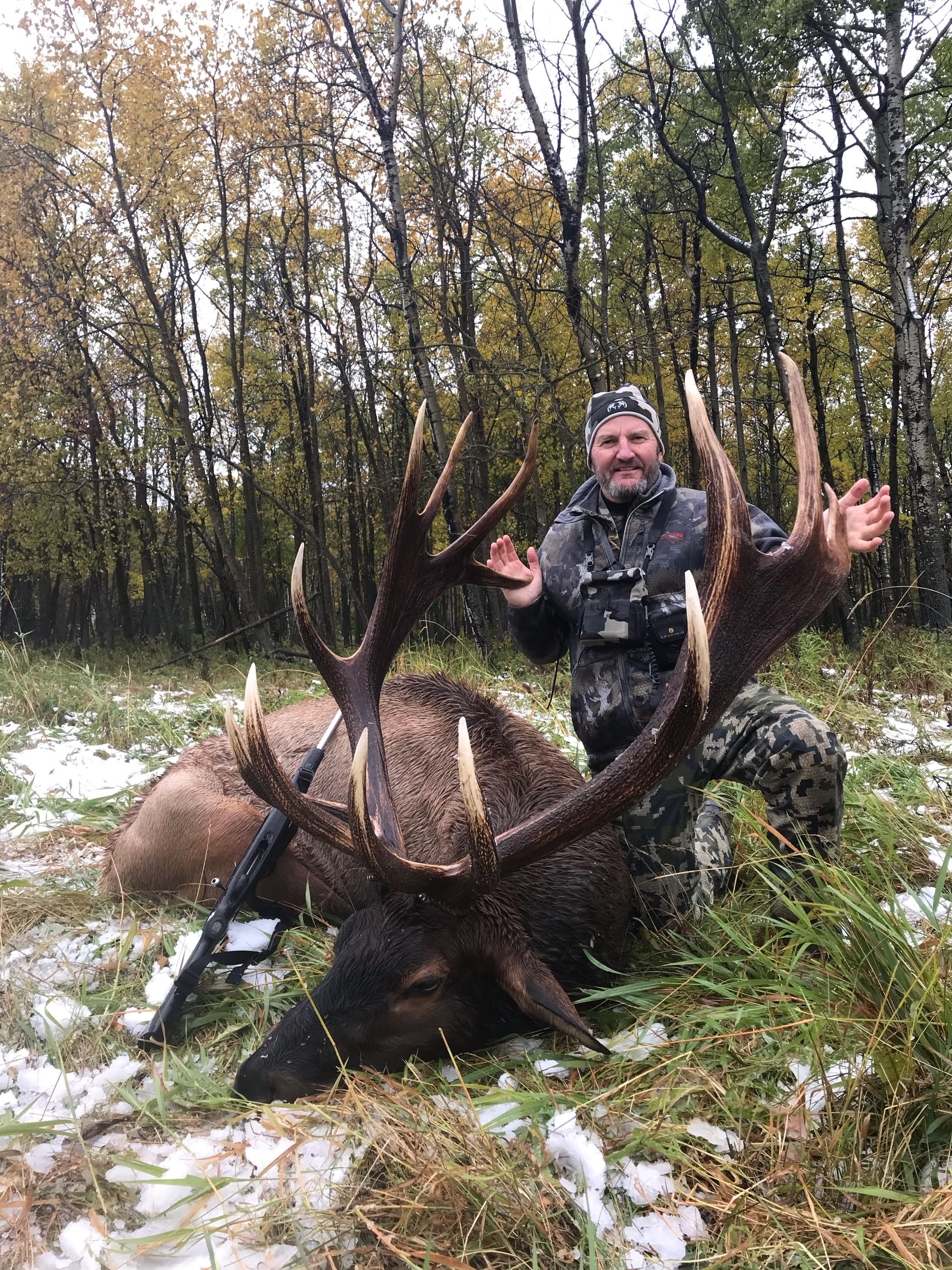 Donald Parker from Minnesota with trophy bull elk at Echo Lake Hunts in Saskatchewan