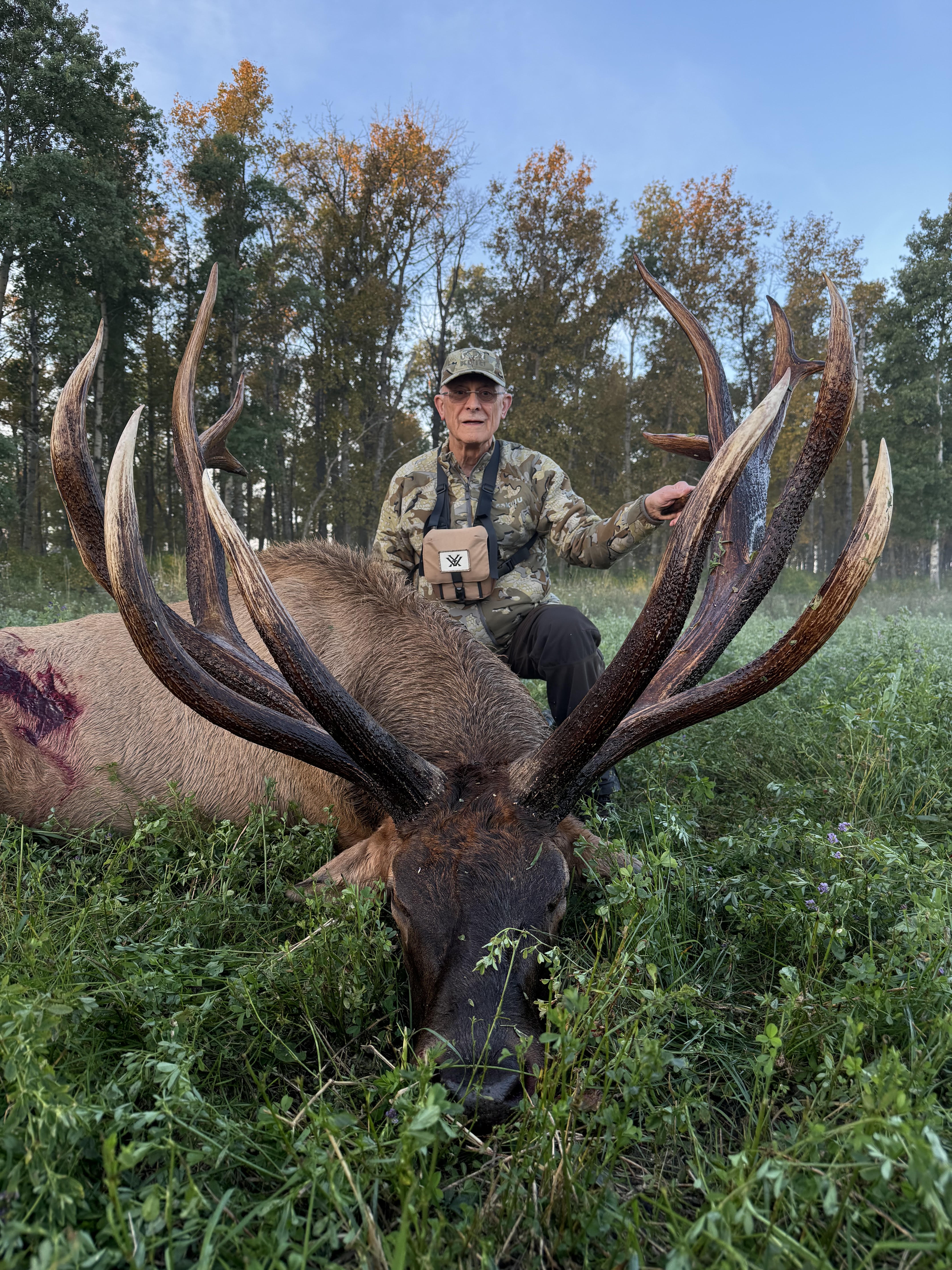 Bill Foote from Virginia with a trophy bull elk at Echo Lake Hunts in Saskatchewan