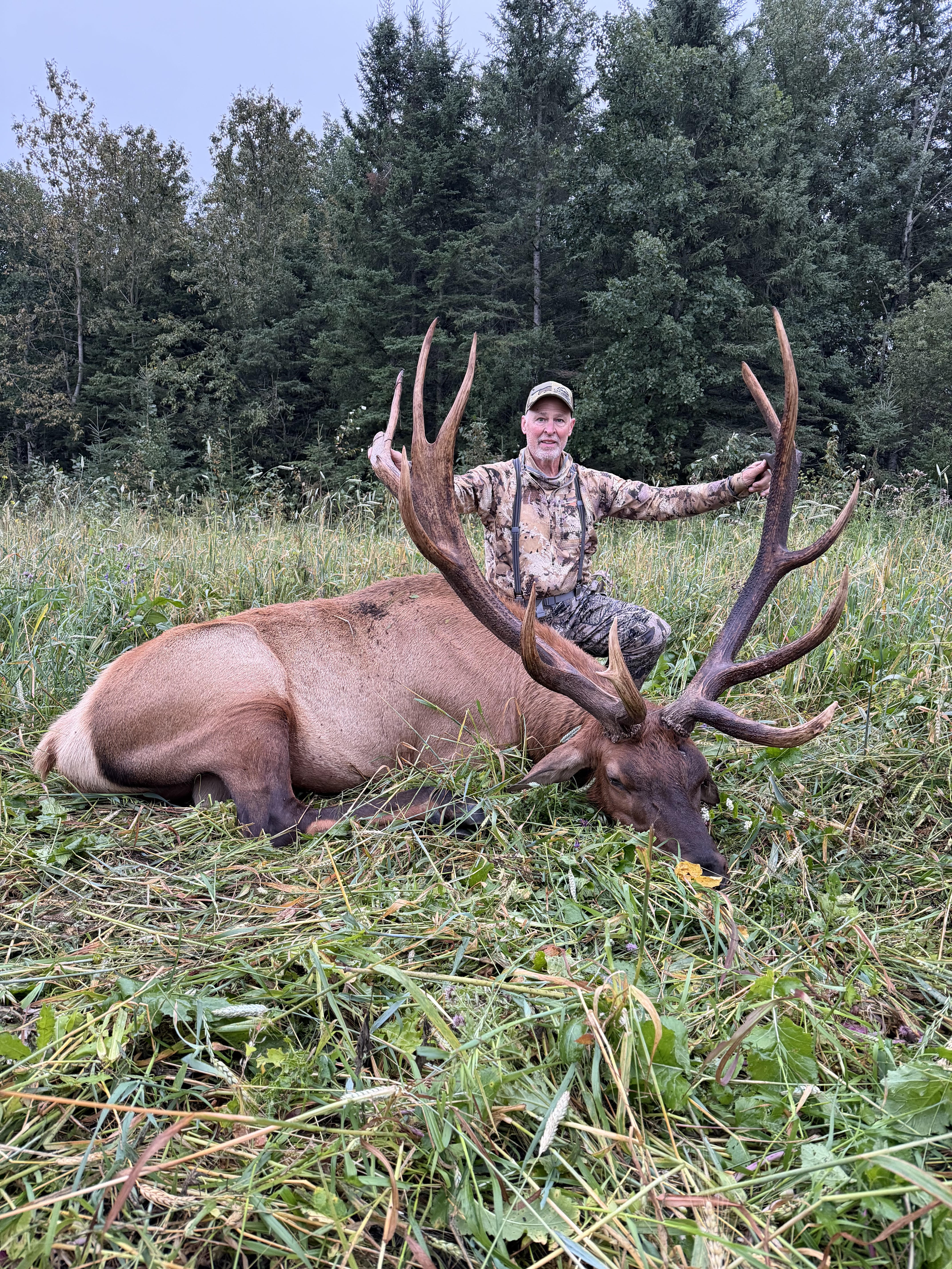 Jim Doran from Montana with a trophy bull elk at Echo Lake Hunts in Saskatchewan