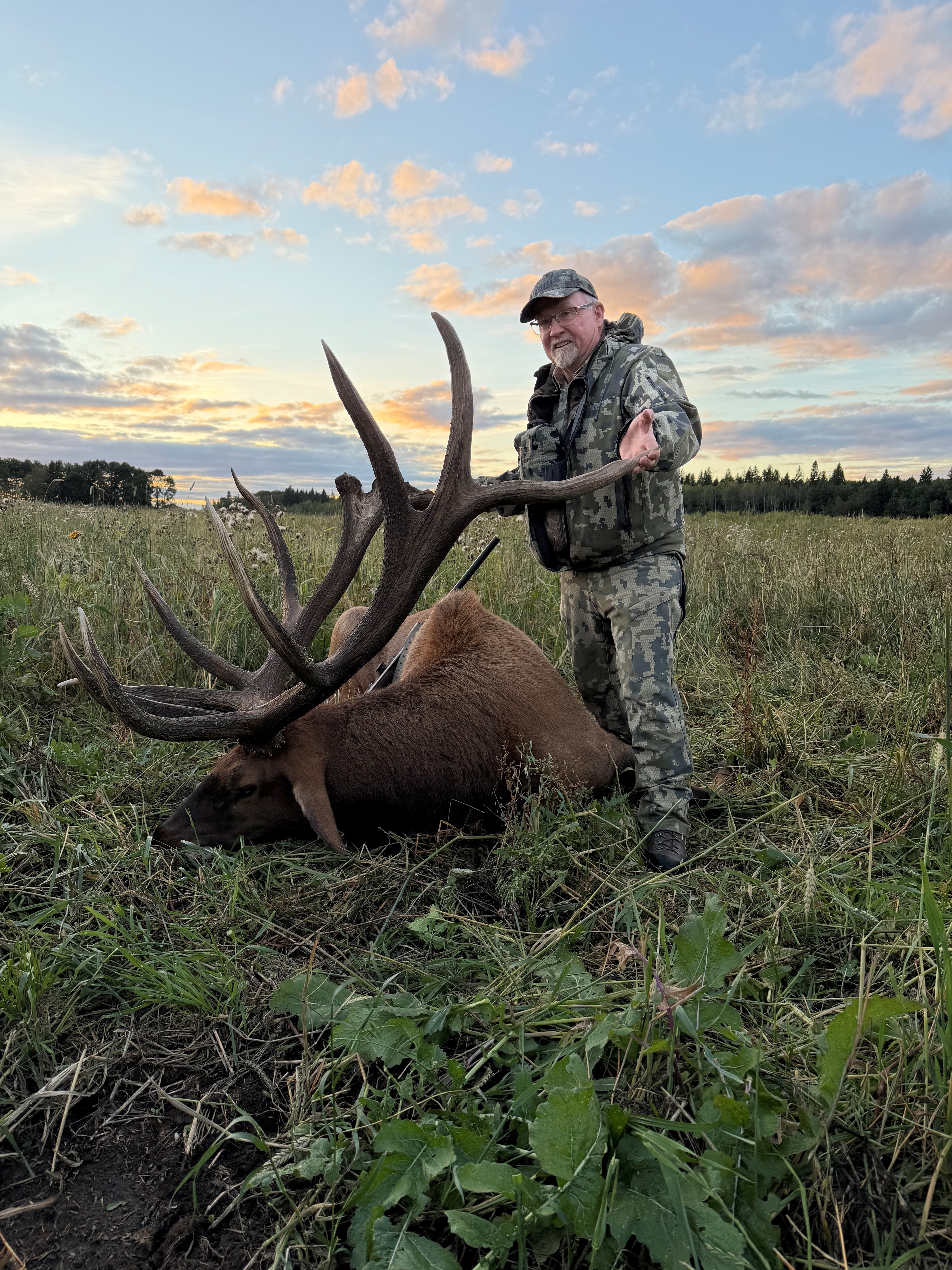 Jim McRoe from Montana with a trophy bull elk at Echo Lake Hunts in Saskatchewan